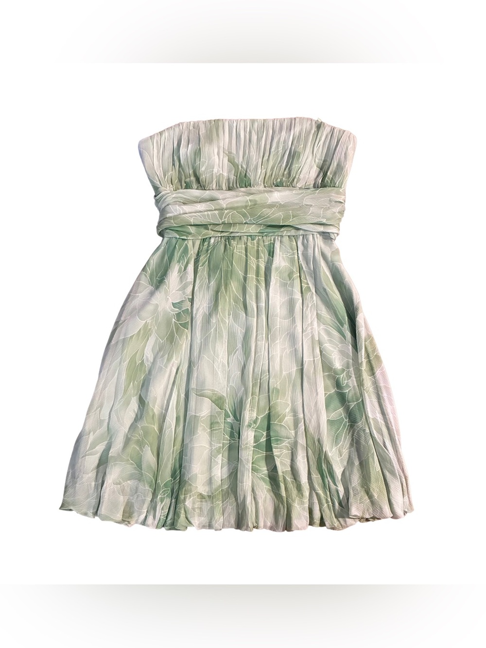 BCBGMAXAZRIA Strapless Green Floral Pleated Mini Dress | Size 10